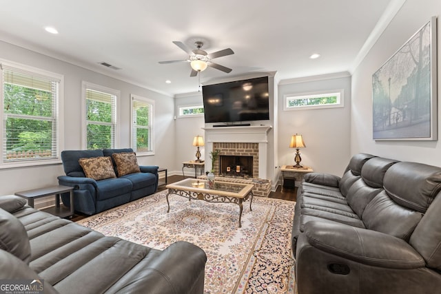 3219 Blackshear Dr, Marietta, GA 30060 - living area featuring ceiling fan, wood finished floors, crown molding, a fireplace, and recessed lighting