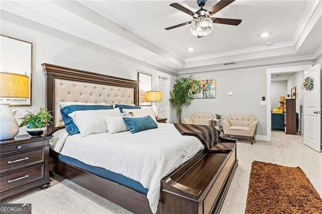 1700 Prospect Way, Conyers, GA 30094 - bedroom featuring ornamental molding, a raised ceiling, baseboards, ceiling fan, and recessed lighting