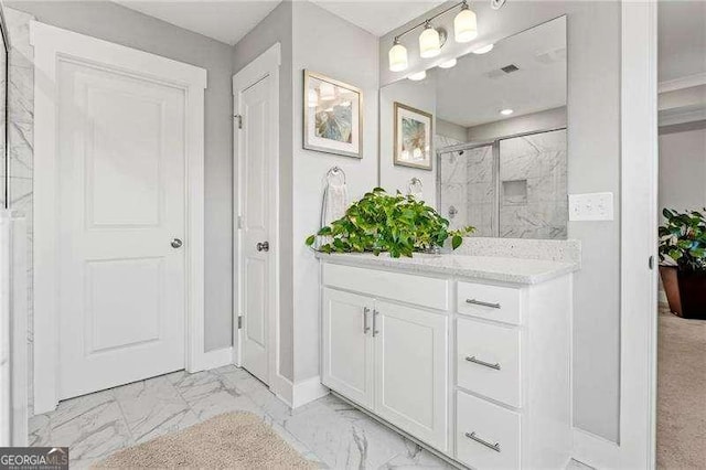 1700 Prospect Way, Conyers, GA 30094 - bathroom with a stall shower, marble look tile flooring, baseboards, and vanity