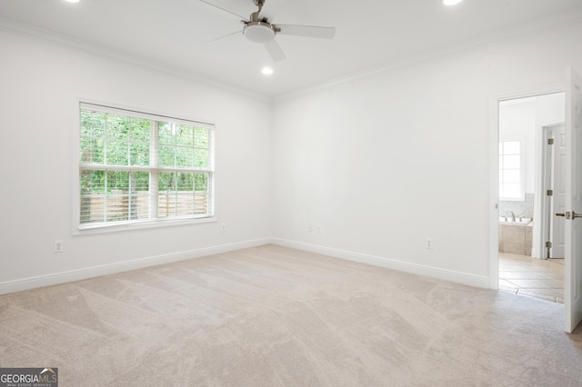124 Cinder Hill Dr, Brunswick, GA 31523 - empty room featuring ornamental molding, light colored carpet, a ceiling fan, plenty of natural light, and recessed lighting