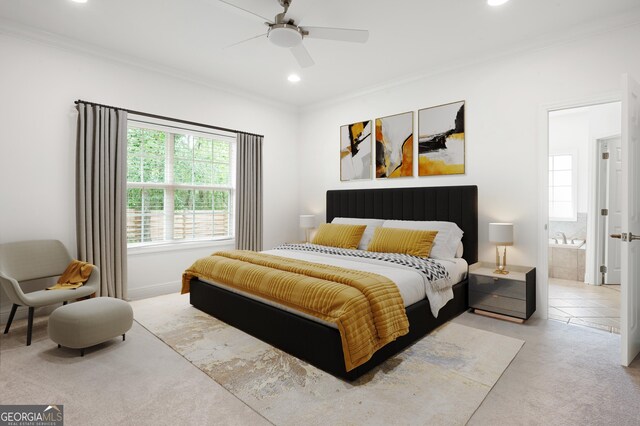 124 Cinder Hill Dr, Brunswick, GA 31523 - bedroom featuring recessed lighting, ornamental molding, ensuite bathroom, ceiling fan, and baseboards