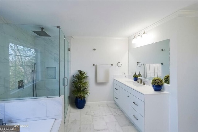 9460 Chestatee Ct, Gainesville, GA 30506 - full bathroom featuring double vanity, a shower stall, crown molding, and marble finish floors