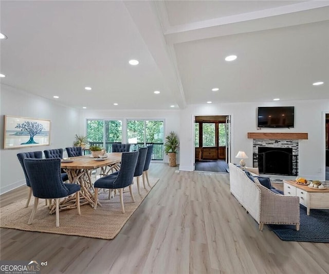 9460 Chestatee Ct, Gainesville, GA 30506 - dining space featuring light wood-style floors, recessed lighting, and a fireplace