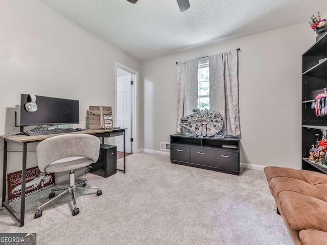 3500 Refuge Rd, Jasper, GA 30143 - home office with a textured ceiling, carpet floors, baseboards, and a ceiling fan