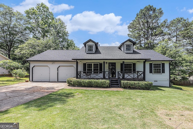 5406 Jamestowne Dr, Powder Springs, GA 30127 - cape cod home with concrete driveway, a garage, covered porch, a front lawn, and a shingled roof