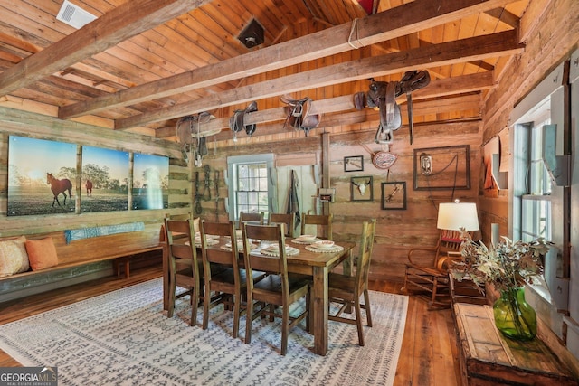 dining area with wood walls, wood-type flooring, beamed ceiling, and wooden ceiling