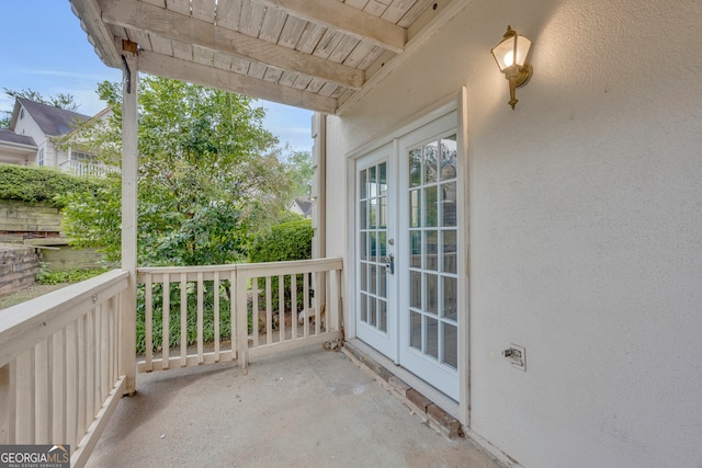 balcony featuring french doors