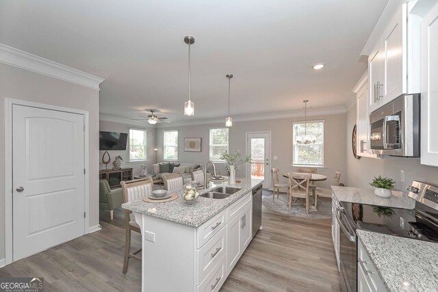 2871 Fareed, Douglasville, GA 30135 - kitchen with stainless steel appliances, a sink, ornamental molding, light wood finished floors, and white cabinets