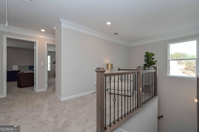 2871 Fareed, Douglasville, GA 30135 - corridor featuring an upstairs landing, crown molding, baseboards, carpet floors, and recessed lighting