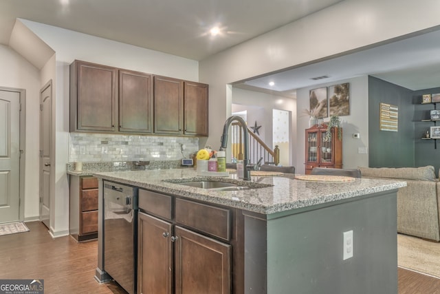 214 Willowbrook Way SE, Calhoun, GA 30701 - kitchen featuring a sink, dishwasher, open floor plan, dark wood finished floors, and light stone counters
