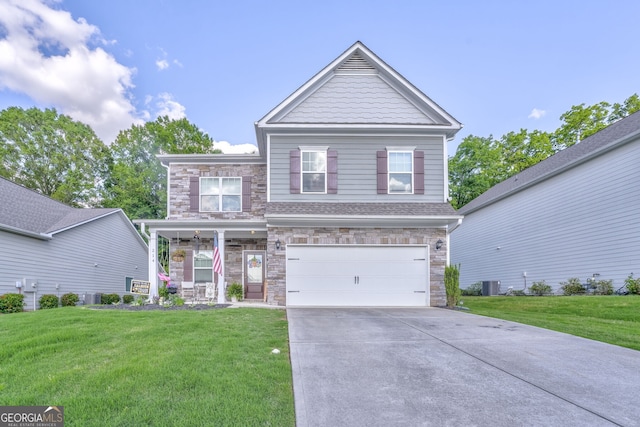 214 Willowbrook Way SE, Calhoun, GA 30701 - craftsman inspired home featuring stone siding, a front yard, driveway, a garage, and central AC