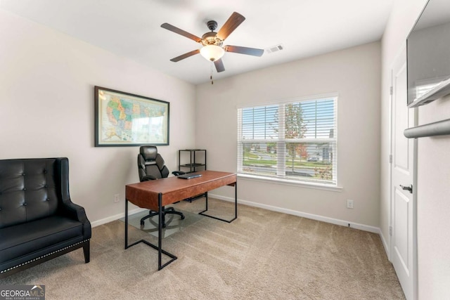426 Samara Ct, Fairburn, GA 30213 - carpeted home office with a ceiling fan and baseboards