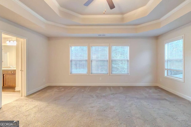 255 Dublin Way, Dallas, GA 30132 - unfurnished bedroom featuring a raised ceiling, light carpet, crown molding, and ensuite bath