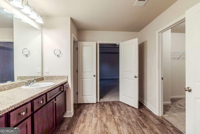 255 Dublin Way, Dallas, GA 30132 - bathroom featuring wood finished floors, vanity, baseboards, and a spacious closet