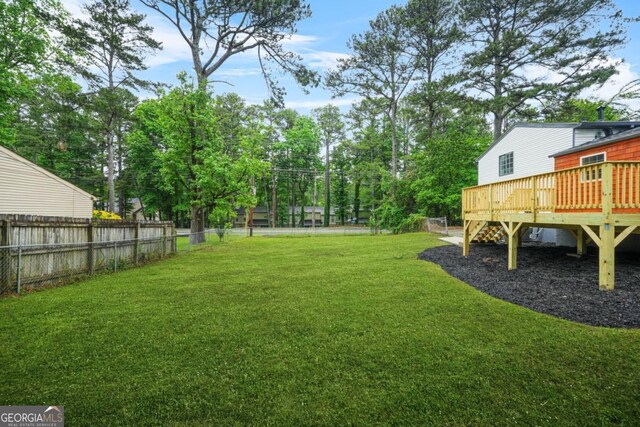 1355 Tucker Woods Dr, Norcross, GA 30093 - view of yard with a wooden deck and view of wooded area