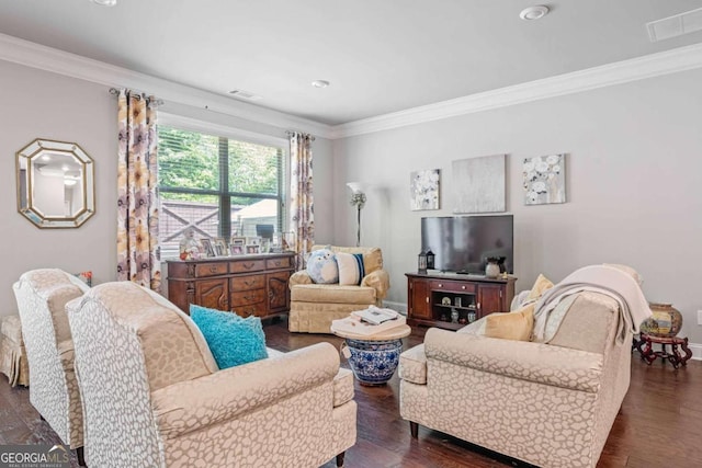 living area with ornamental molding, dark wood-style floors, and baseboards