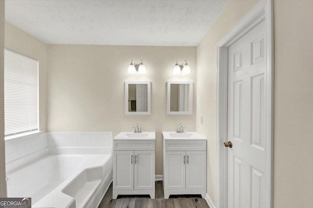 2880 Field Spring Dr, Lithonia, GA 30058 - full bath featuring two vanities, a bath, wood finished floors, and a textured ceiling