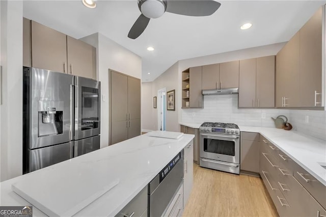 1420 Cortez Ln NE, Atlanta, GA 30319 - kitchen with appliances with stainless steel finishes, a ceiling fan, gray cabinetry, under cabinet range hood, and recessed lighting