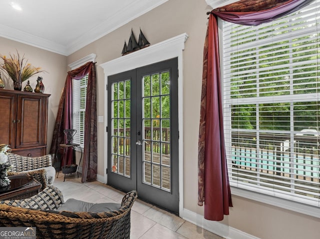 124 Belford Way, Locust Grove, GA 30233 - doorway to outside with french doors, light tile patterned flooring, and crown molding