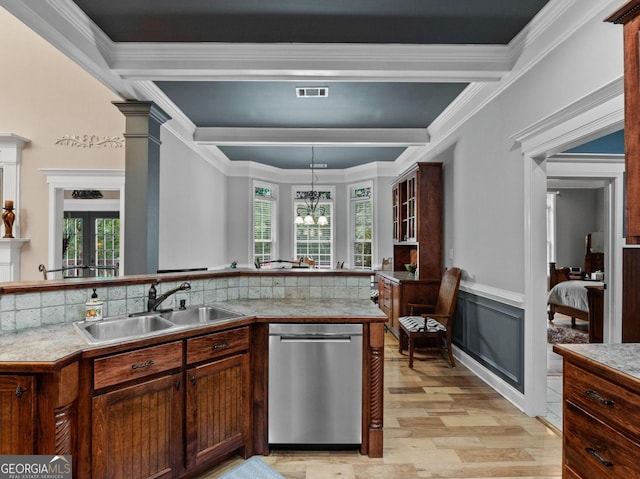124 Belford Way, Locust Grove, GA 30233 - kitchen with stainless steel dishwasher, light wood-type flooring, healthy amount of natural light, beam ceiling, and crown molding