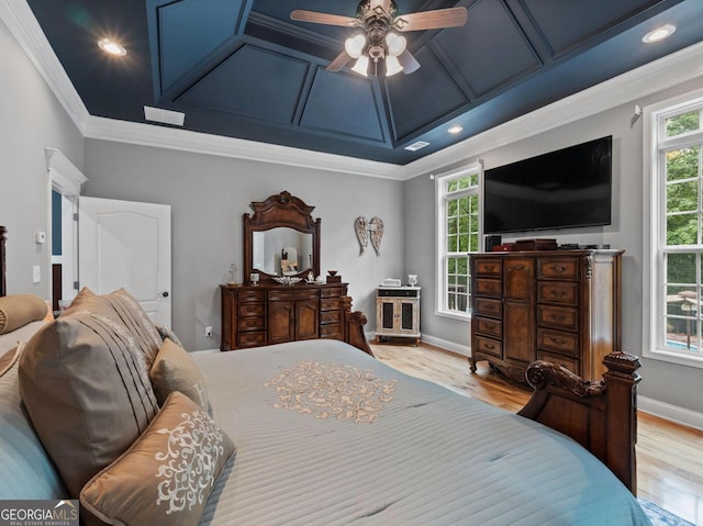 124 Belford Way, Locust Grove, GA 30233 - bedroom featuring multiple windows, ornamental molding, coffered ceiling, recessed lighting, and wood finished floors