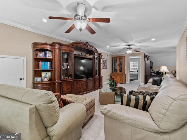 124 Belford Way, Locust Grove, GA 30233 - living area featuring ceiling fan, light colored carpet, crown molding, and recessed lighting