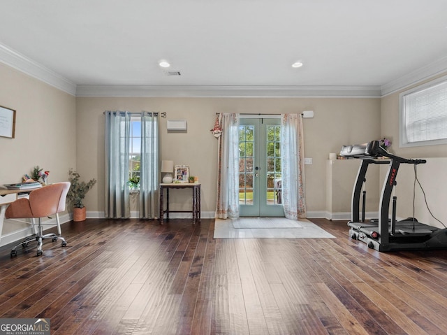 124 Belford Way, Locust Grove, GA 30233 - exercise area featuring french doors, hardwood / wood-style flooring, and crown molding