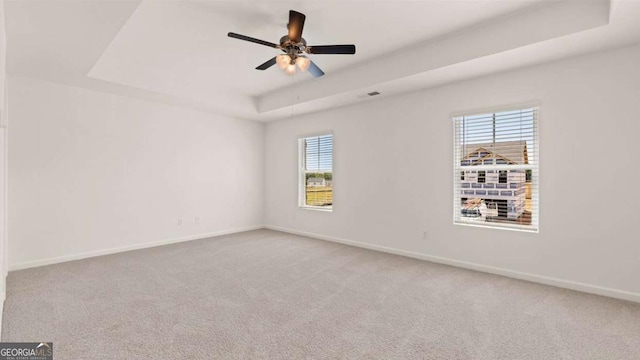 unfurnished room featuring a tray ceiling, healthy amount of natural light, and carpet