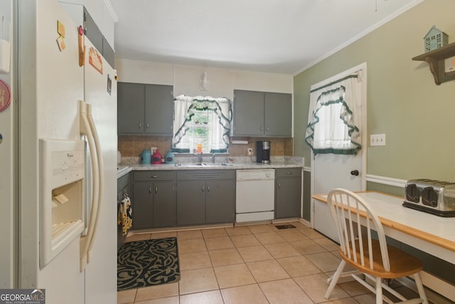 154 Willowdell Dr, Toccoa, GA 30577 - kitchen with white appliances, gray cabinetry, decorative backsplash, a sink, and light tile patterned floors