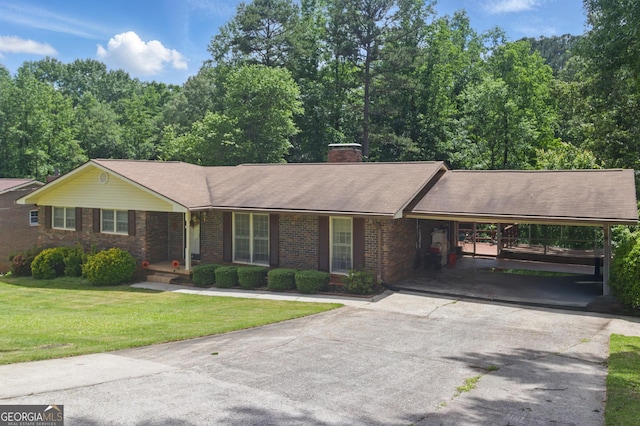 154 Willowdell Dr, Toccoa, GA 30577 - ranch-style home with concrete driveway, a carport, brick siding, a chimney, and a front yard