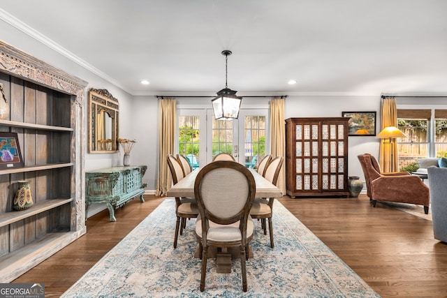 504 Kingswood Ln NW, Atlanta, GA 30305 - dining space featuring crown molding, french doors, recessed lighting, dark wood-style floors, and baseboards