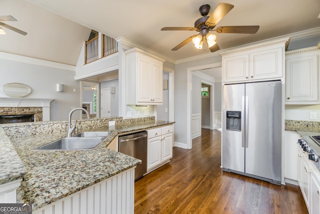 kitchen featuring appliances with stainless steel finishes, a ceiling fan, a sink, dark wood finished floors, and light stone counters