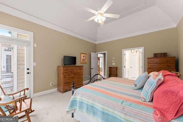 1721 Mulberry Lake Dr, Dacula, GA 30019 - bedroom with light carpet, access to outside, ceiling fan, vaulted ceiling, and crown molding