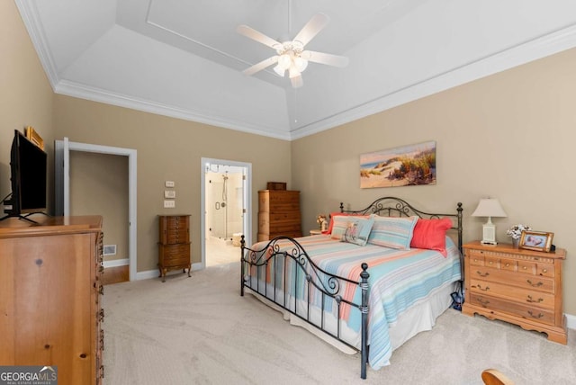 bedroom with light carpet, a raised ceiling, crown molding, baseboards, and ceiling fan