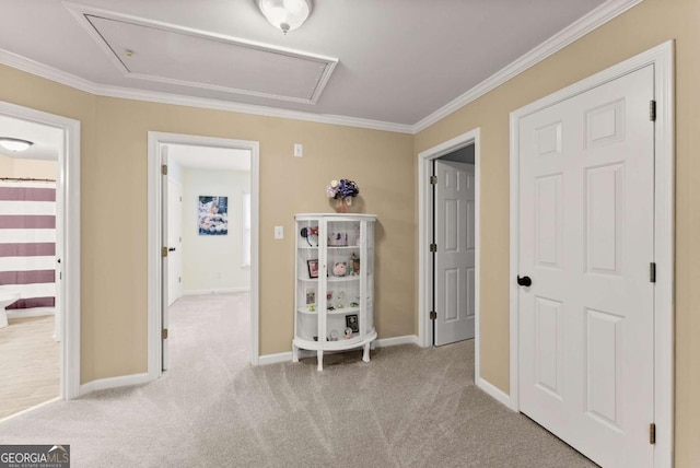 1721 Mulberry Lake Dr, Dacula, GA 30019 - carpeted bedroom featuring attic access, crown molding, baseboards, and ensuite bathroom