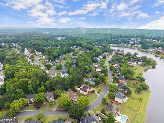 aerial perspective of suburban area with a large body of water and a heavily wooded area