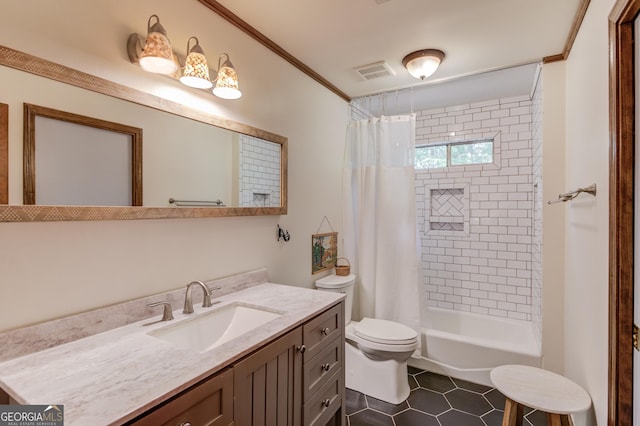 3741 Windhurst Dr SW, Lilburn, GA 30047 - bathroom featuring tile patterned flooring, toilet, vanity, crown molding, and shower / bath combo with shower curtain