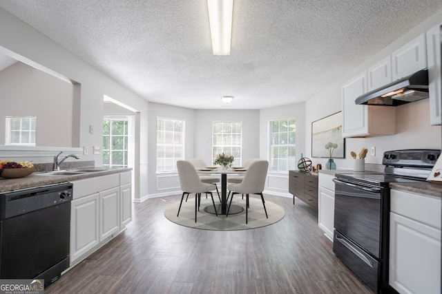 4915 Truitt Ln, Decatur, GA 30035 - kitchen with black appliances, under cabinet range hood, dark wood-style flooring, white cabinets, and plenty of natural light