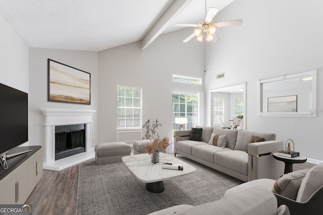 4915 Truitt Ln, Decatur, GA 30035 - living room featuring wood finished floors, a ceiling fan, a fireplace with raised hearth, high vaulted ceiling, and beamed ceiling
