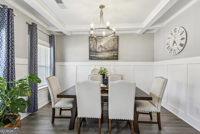 dining room with a chandelier, ornamental molding, a decorative wall, coffered ceiling, and dark wood-type flooring