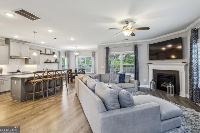 living room with a ceiling fan, ornamental molding, light wood finished floors, recessed lighting, and a fireplace
