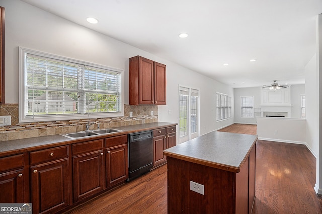 7280 Wright Dr, Atlanta, GA 30349 - kitchen featuring dishwasher, ceiling fan, tasteful backsplash, dark wood-style floors, and recessed lighting