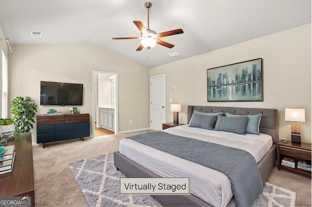 116 Cabin Way, Hampton, GA 30228 - carpeted bedroom featuring vaulted ceiling, connected bathroom, and a ceiling fan