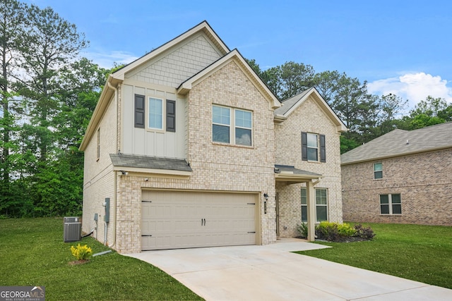 116 Cabin Way, Hampton, GA 30228 - craftsman house with board and batten siding, an attached garage, a front yard, concrete driveway, and central air condition unit