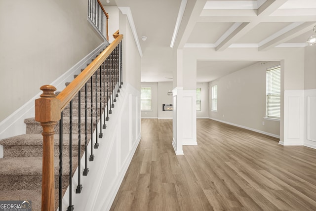 116 Cabin Way, Hampton, GA 30228 - stairway with beamed ceiling and wood finished floors