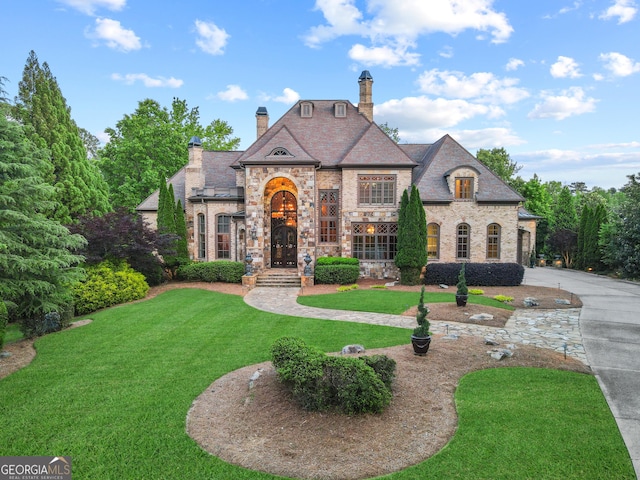 french country home with a chimney, a front yard, brick siding, and stone siding