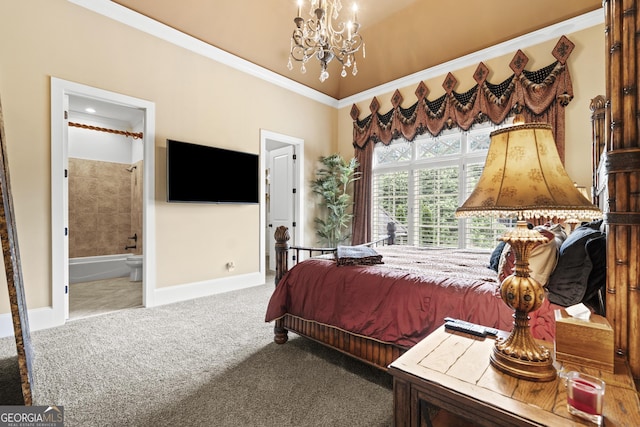 bedroom with carpet, a chandelier, ornamental molding, connected bathroom, and baseboards