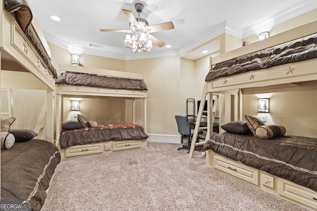 bedroom featuring carpet floors, ornamental molding, recessed lighting, baseboards, and a ceiling fan
