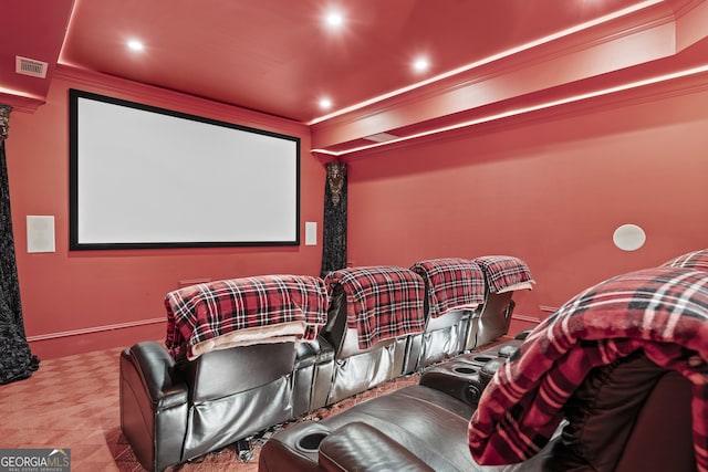 cinema featuring ornate columns, recessed lighting, and ornamental molding