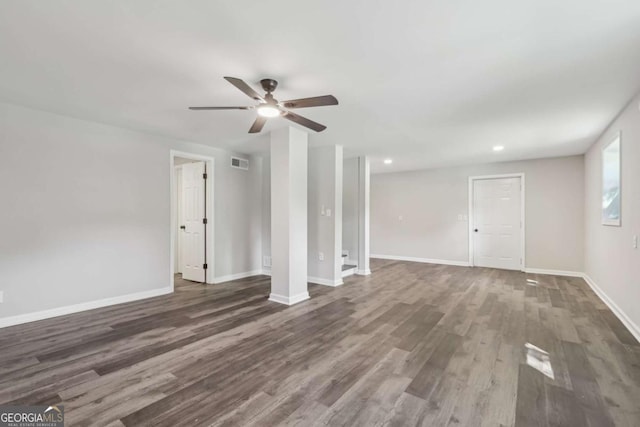 unfurnished living room featuring ceiling fan, wood finished floors, baseboards, and recessed lighting